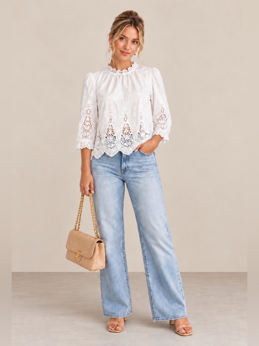 HUNTER BELL White Embroidered Boho Ruffle Collar 3/4 Puff Sleeve Flowy Blouse XS - Picture 8 of 9